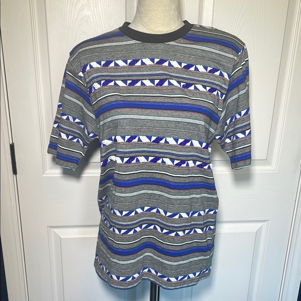 Vintage Lyse Spenard Beaded Striped Cotton Short Sleeve T Shirt Medium
